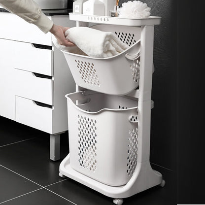2-Tier Laundry Hamper Basket Sorter Bathroom Organizer with Wheels Movable Clothes Storage Basket Bathroom Shelf 360-Degree Rolling Cart, 17"X13"X31"