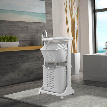 2-Tier Laundry Hamper Basket Sorter Bathroom Organizer with Wheels Movable Clothes Storage Basket Bathroom Shelf 360-Degree Rolling Cart, 17"X13"X31"