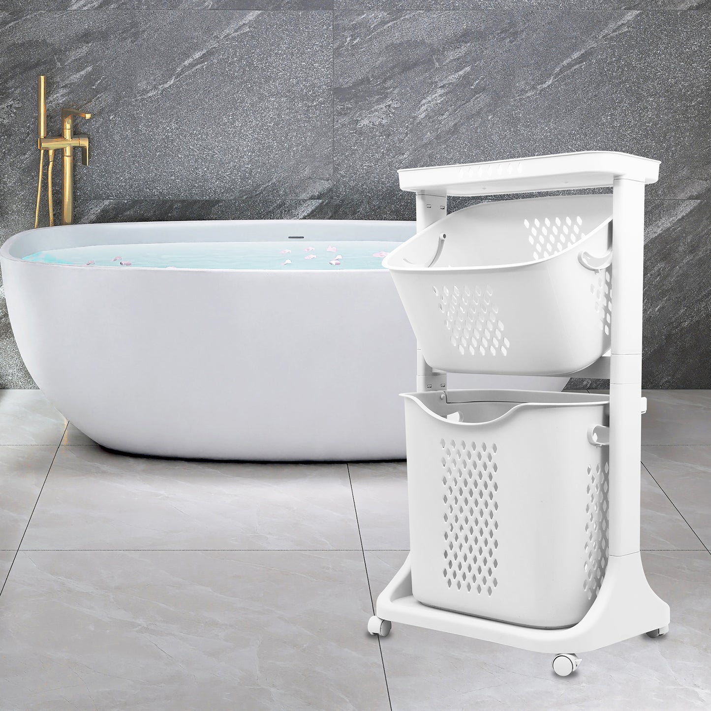 2-Tier Laundry Hamper Basket Sorter Bathroom Organizer with Wheels Movable Clothes Storage Basket Bathroom Shelf 360-Degree Rolling Cart, 17"X13"X31"