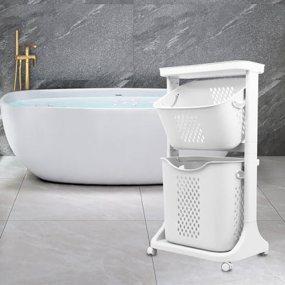 2-Tier Laundry Hamper Basket Sorter Bathroom Organizer with Wheels Movable Clothes Storage Basket Bathroom Shelf 360-Degree Rolling Cart, 17"X13"X31"