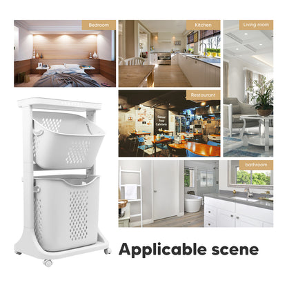 2-Tier Laundry Hamper Basket Sorter Bathroom Organizer with Wheels Movable Clothes Storage Basket Bathroom Shelf 360-Degree Rolling Cart, 17"X13"X31"