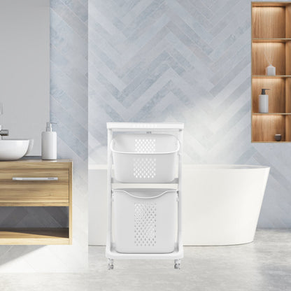 2-Tier Laundry Hamper Basket Sorter Bathroom Organizer with Wheels Movable Clothes Storage Basket Bathroom Shelf 360-Degree Rolling Cart, 17"X13"X31"