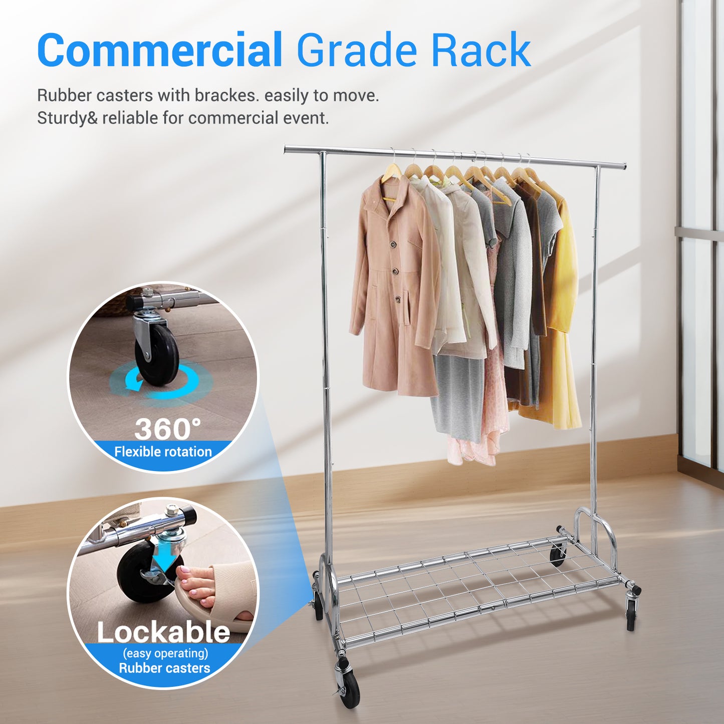 Baokaler 450 lbs Clothing rack Heavy Duty Hanging rack with Shelves Collapsible Clothes racks on Wheels rolling Garment rack for Hanging Clothes Portable Adjustable, Chrome Finish