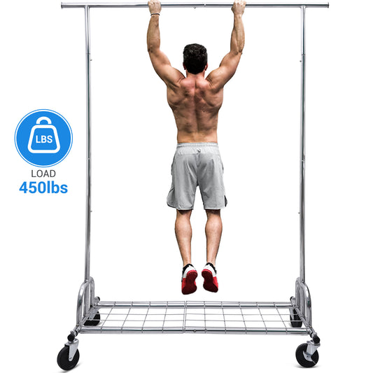 Baokaler 450 lbs Clothing rack Heavy Duty Hanging rack with Shelves Collapsible Clothes racks on Wheels rolling Garment rack for Hanging Clothes Portable Adjustable, Chrome Finish