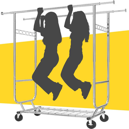 Baokaler 600 lbs Heavy Duty Garment rack with Shelves Collapsible Clothing racks on Wheels rolling Clothes rack for Hanging Clothes Portable Adjustable, Chrome Finish