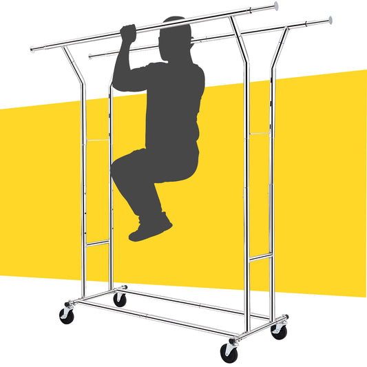 Baokaler 500 lbs Heavy Duty Garment Clothes Rack on Wheel Commercial Metal Clothes Racks Collapsible Clothing Racks for Hanging Clothes, Double Rolling Clothes Rack with Shelf, Chrome Finish