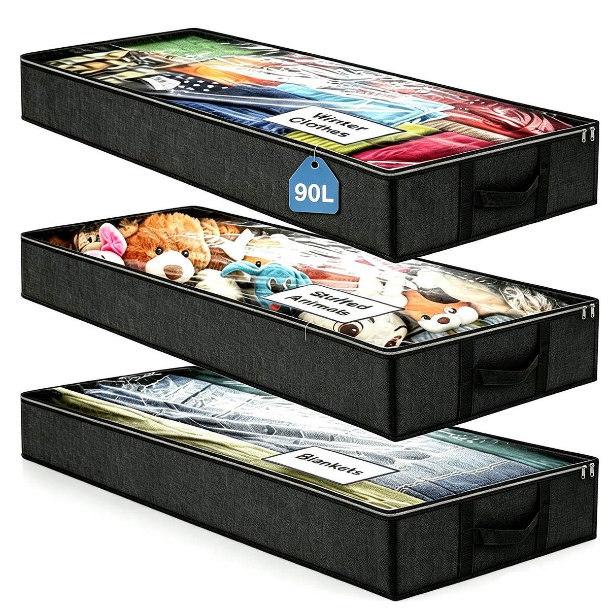 90L Underbed Storage Bag, 3 Large Bins with Reinforced Handles Foldable Containers, Visible Clothes Storage Bags for Blanket Pillow Quilts, Closet Organizers, Black