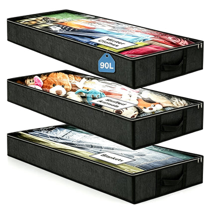 90L Underbed Storage Bag, 3 Large Bins with Reinforced Handles Foldable Containers, Visible Clothes Storage Bags for Blanket Pillow Quilts, Closet Organizers, Black