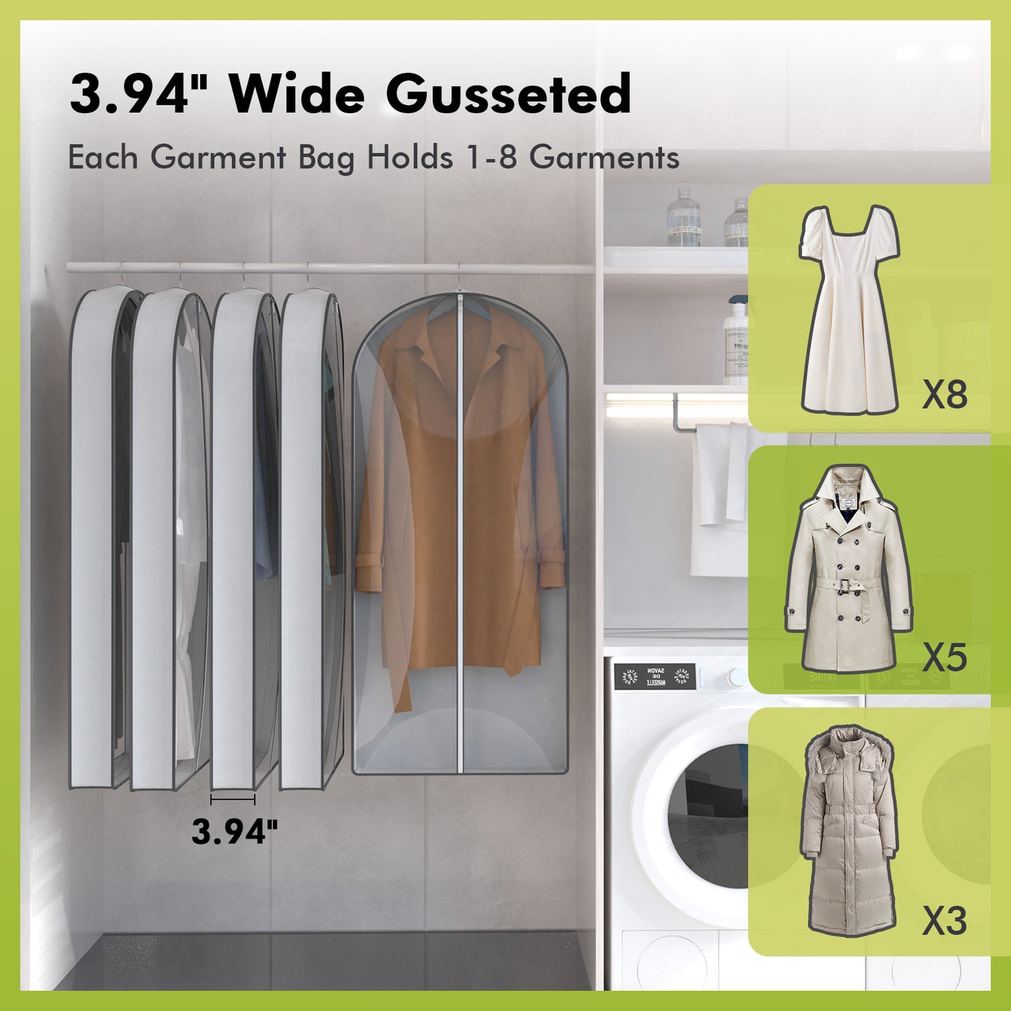 60" Garment Bags with 4" Gussets, Multifunctional Garment Bags for Hanging Clothes,Waterproof Dress Bag and Suit Bag, Clear Travel Garment Bag for Clothes, Gowns, Coats, Suits, 5 Packs
