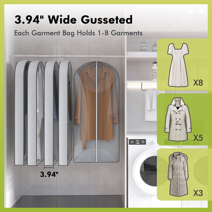 60" Garment Bags with 4" Gussets, Multifunctional Garment Bags for Hanging Clothes,Waterproof Dress Bag and Suit Bag, Clear Travel Garment Bag for Clothes, Gowns, Coats, Suits, 5 Packs