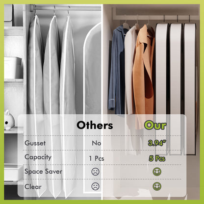 60" Garment Bags with 4" Gussets, Multifunctional Garment Bags for Hanging Clothes,Waterproof Dress Bag and Suit Bag, Clear Travel Garment Bag for Clothes, Gowns, Coats, Suits, 5 Packs