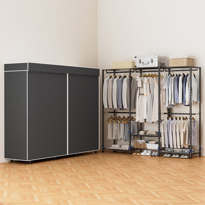 Baokaler Portable Closet Wardrobe 800LBS Heavy Duty Wire Garment rack with Gray Fabric Cover, Metal Clothes rack Freestanding Closet Organizer Portable Adjustable Wardrobe for Bedroom, Black