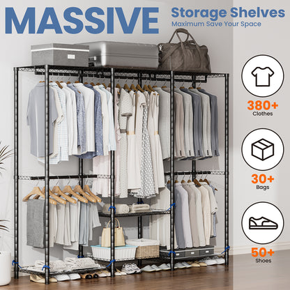 Baokaler Portable Closet Wardrobe 800LBS Heavy Duty Wire Garment rack with Gray Fabric Cover, Metal Clothes rack Freestanding Closet Organizer Portable Adjustable Wardrobe for Bedroom, Black