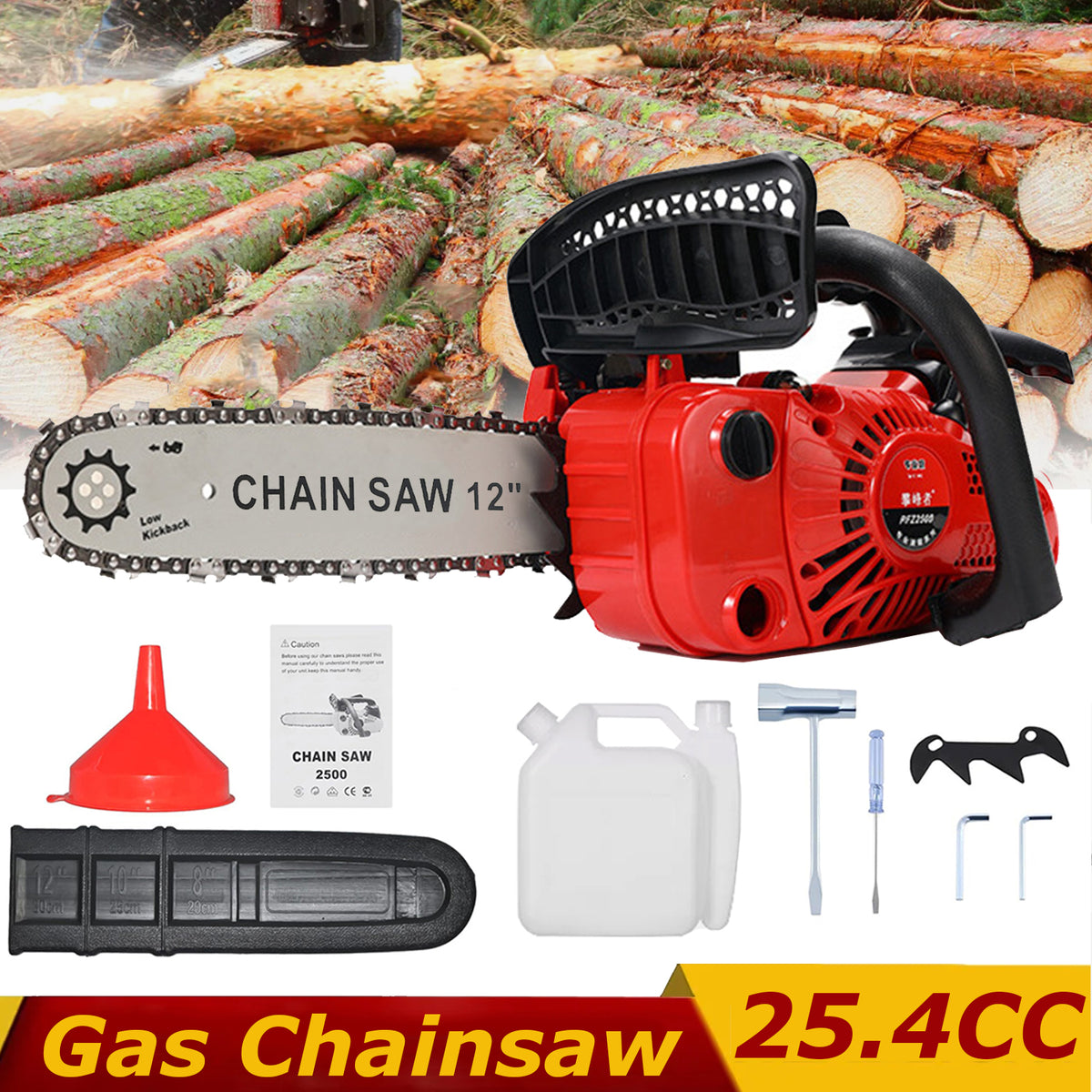 BAOKALER 12" Gas Chainsaw, 2-Stroke 25.4cc 1.36HP Portable Gasoline Chain Saws for Wood Cutting, Red