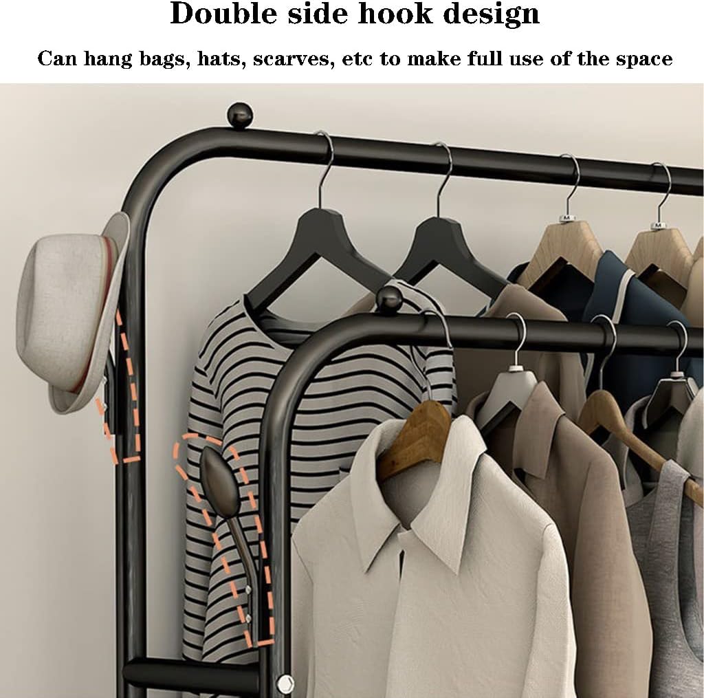 Double Rods Clothes Rack With Wheels, Portable Clothing Rack With Shelves & Hooks, Heavy Duty Garment Racks for Hanging Clothes, Multi-Functional Closet Rack for Bedroom, Black