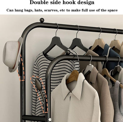 Double Rods Clothes Rack With Wheels, Portable Clothing Rack With Shelves & Hooks, Heavy Duty Garment Racks for Hanging Clothes, Multi-Functional Closet Rack for Bedroom, Black