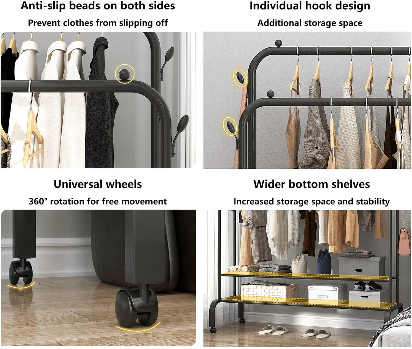 Double Rods Clothes Rack With Wheels, Portable Clothing Rack With Shelves & Hooks, Heavy Duty Garment Racks for Hanging Clothes, Multi-Functional Closet Rack for Bedroom, Black