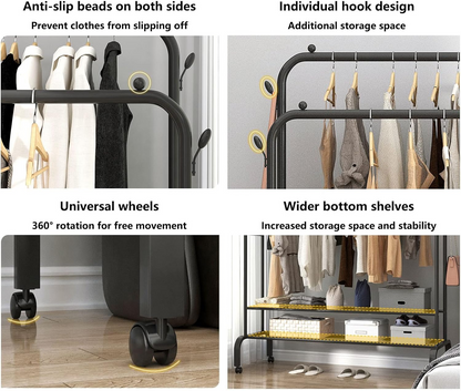 Double Rods Clothes Rack With Wheels, Portable Clothing Rack With Shelves & Hooks, Heavy Duty Garment Racks for Hanging Clothes, Multi-Functional Closet Rack for Bedroom, Black