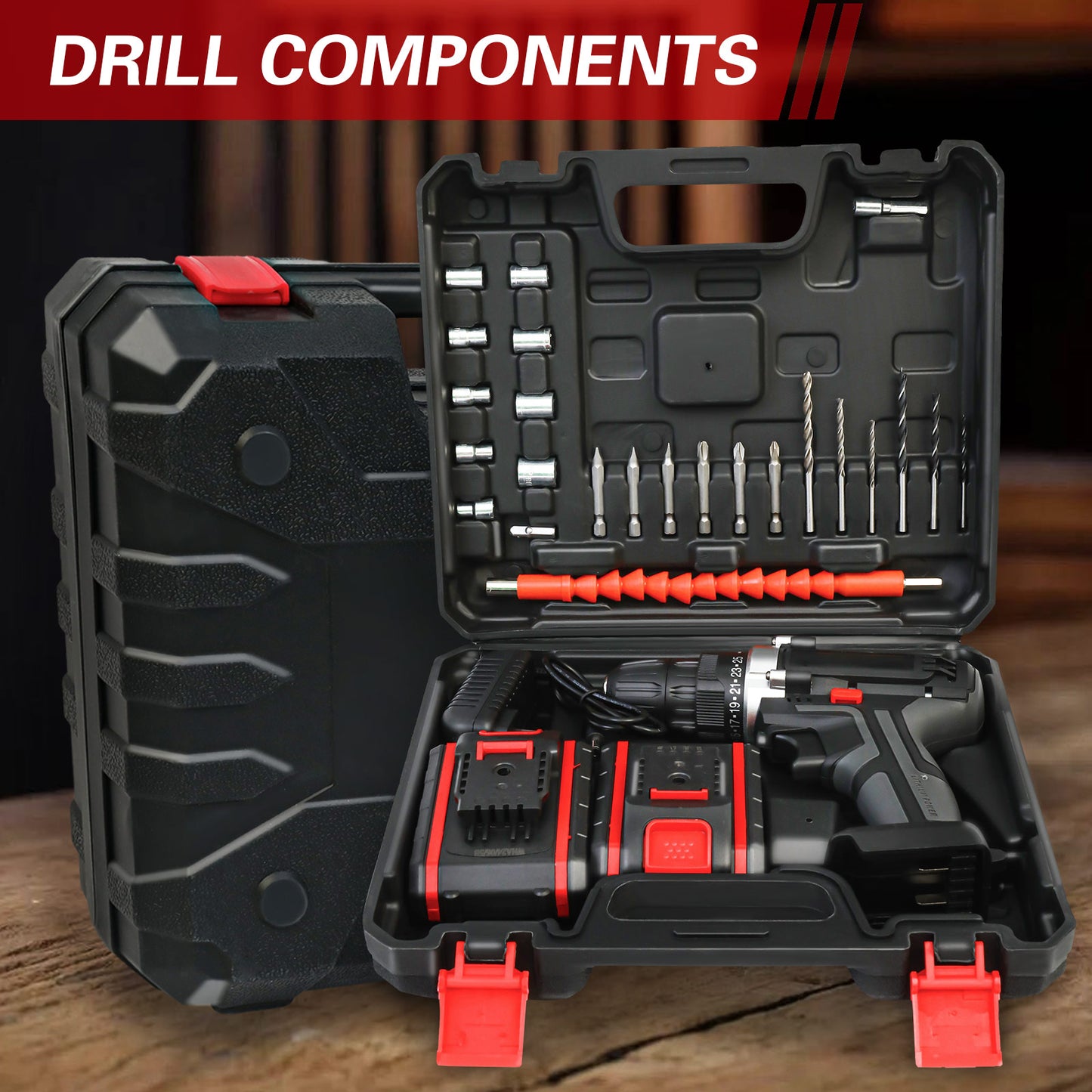 48V Power Drill with 2 Batteries and Charger, Multi-Functional Electric Cordless Drill Set Kit, Portable and Variable Speed, Black