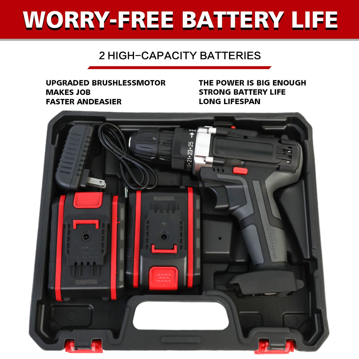 48V Power Drill with 2 Batteries and Charger, Multi-Functional Electric Cordless Drill Set Kit, Portable and Variable Speed, Black