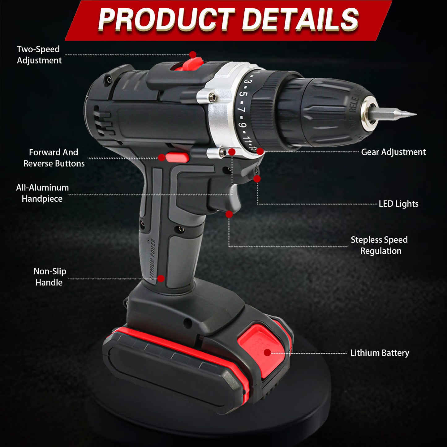 48V Power Drill with 2 Batteries and Charger, Multi-Functional Electric Cordless Drill Set Kit, Portable and Variable Speed, Black
