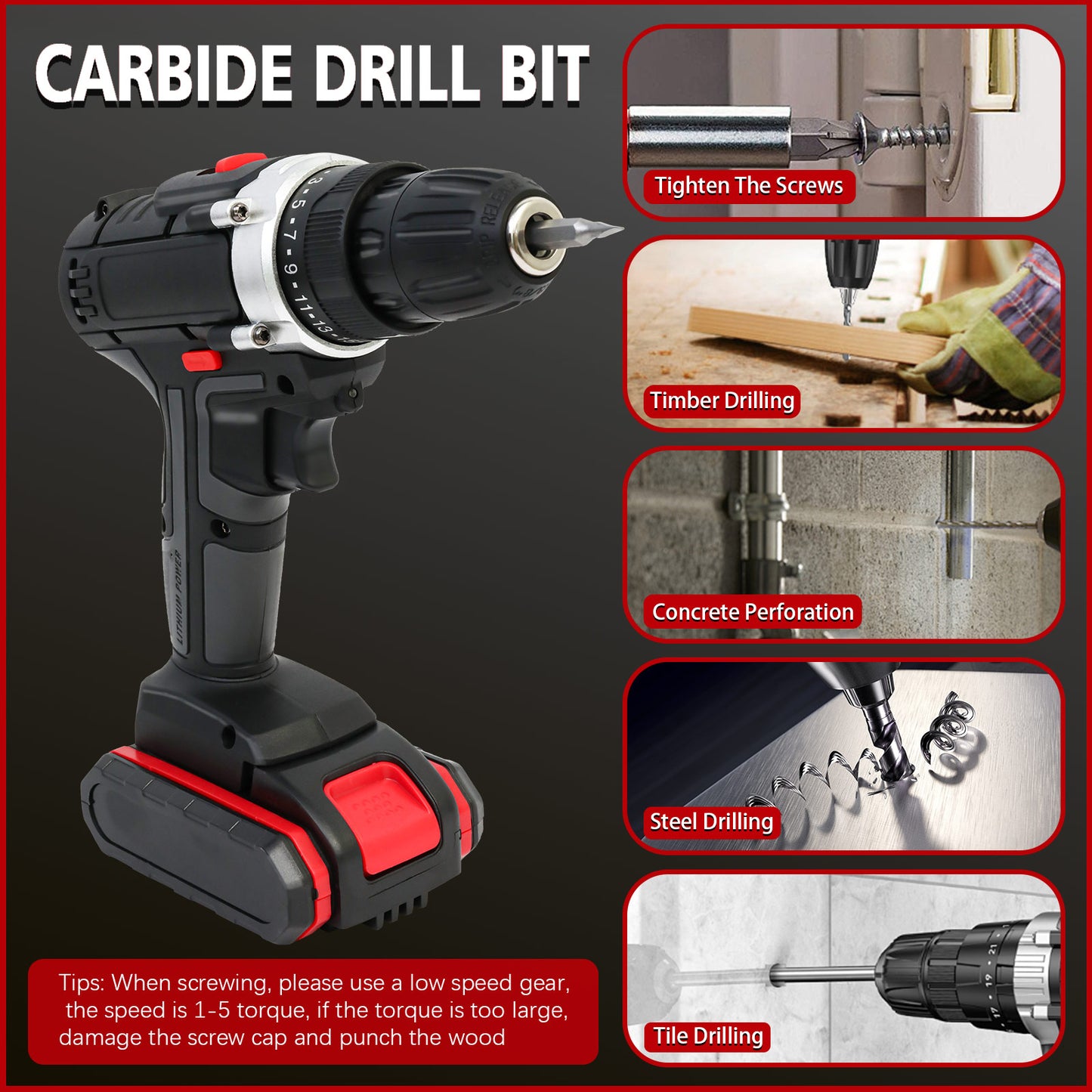 48V Power Drill with 2 Batteries and Charger, Multi-Functional Electric Cordless Drill Set Kit, Portable and Variable Speed, Black