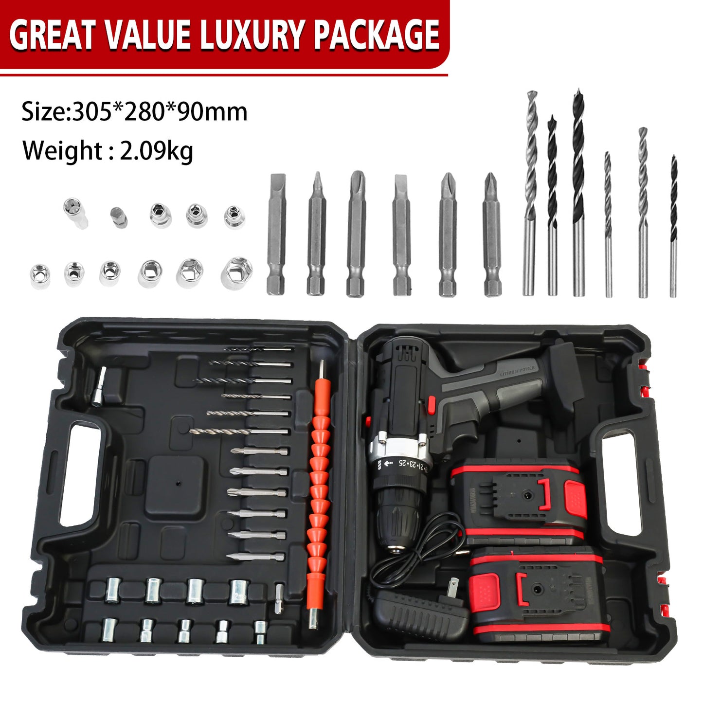 48V Power Drill with 2 Batteries and Charger, Multi-Functional Electric Cordless Drill Set Kit, Portable and Variable Speed, Black