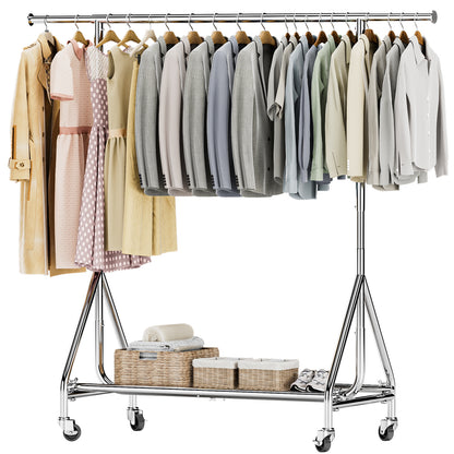 Clothing rack with Wheels Load 400 LBS, Metal rolling Clothes rack, Free Standing Heavy Duty Garment rack with Sturdy Shelves, Portable Closet Wardrobe rack, Sliver