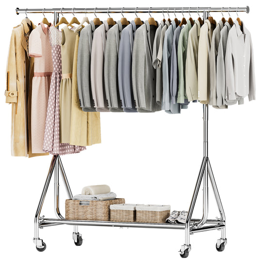 Clothing rack with Wheels Load 400 LBS, Metal rolling Clothes rack, Free Standing Heavy Duty Garment rack with Sturdy Shelves, Portable Closet Wardrobe rack, Sliver