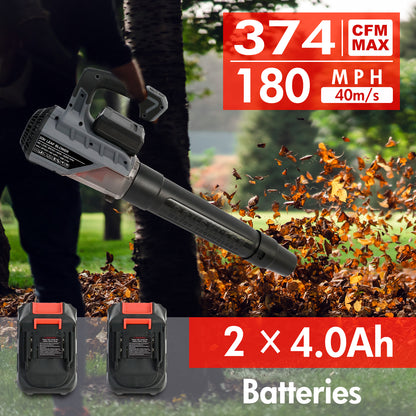 Brushless Leaf Blower Cordless, 374CFM/180MPH & 2 Speed Levels, Electric Cordless Leaf Blower with 2X4.0Ah Battery Powered, Blowers for Lawn Care Snow Leaves Blowing