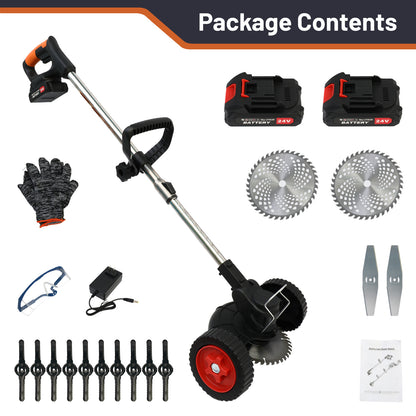 24V 4000mAh Battery Powered Weed Wacker Cordless Electric Weed Eater 650W Grass Trimmer Brush Cutter with Wheels Battery Operated Weed Trimmer Grass Cutting Machine, Black