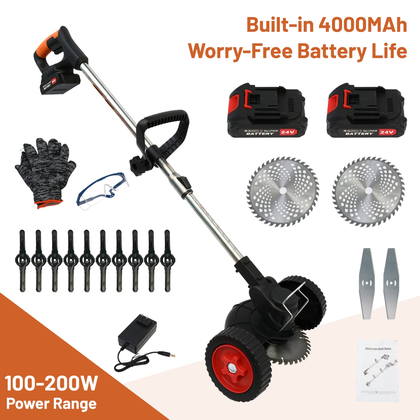 24V 4000mAh Battery Powered Weed Wacker Cordless Electric Weed Eater 650W Grass Trimmer Brush Cutter with Wheels Battery Operated Weed Trimmer Grass Cutting Machine, Black