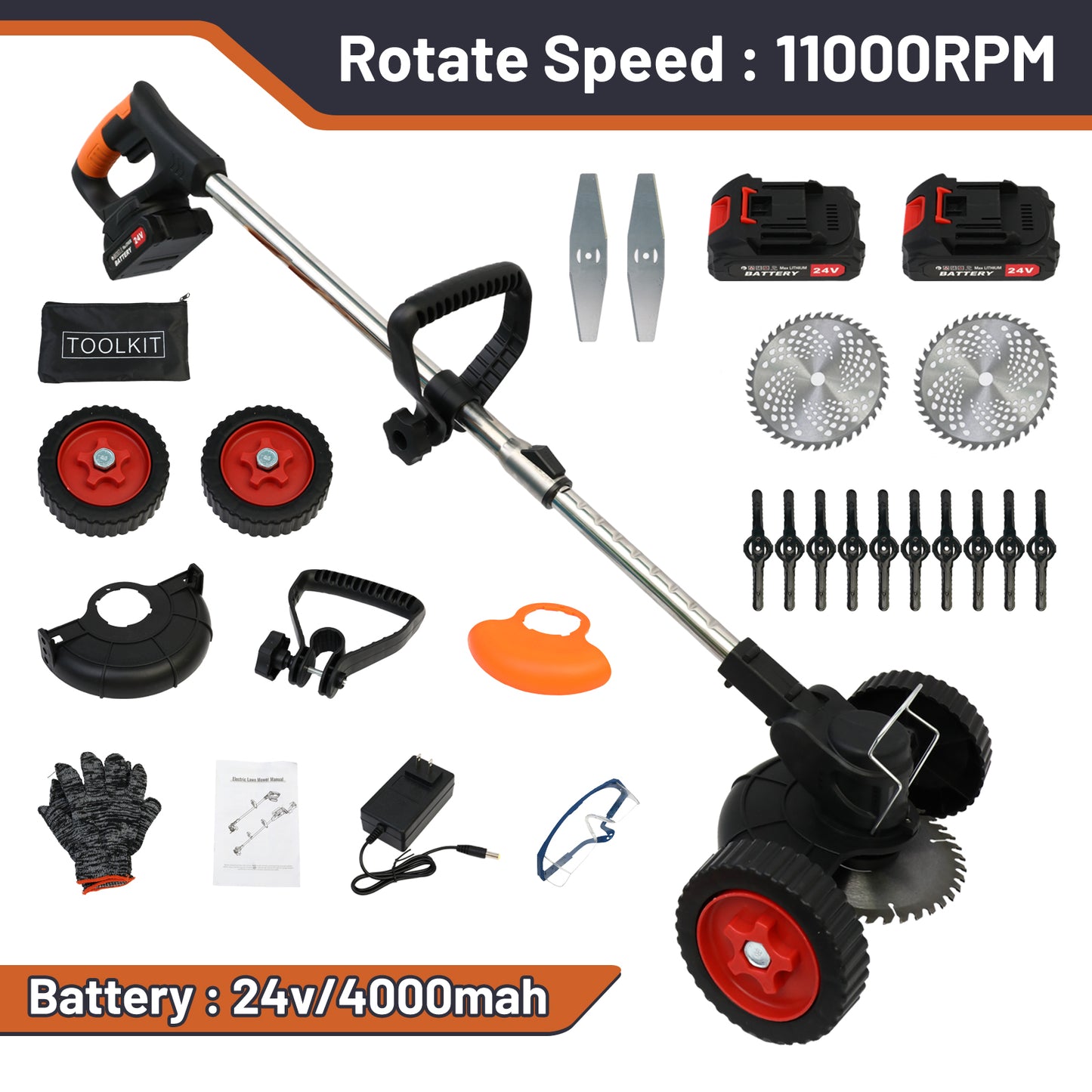 24V 4000mAh Battery Powered Weed Wacker Cordless Electric Weed Eater 650W Grass Trimmer Brush Cutter with Wheels Battery Operated Weed Trimmer Grass Cutting Machine, Black