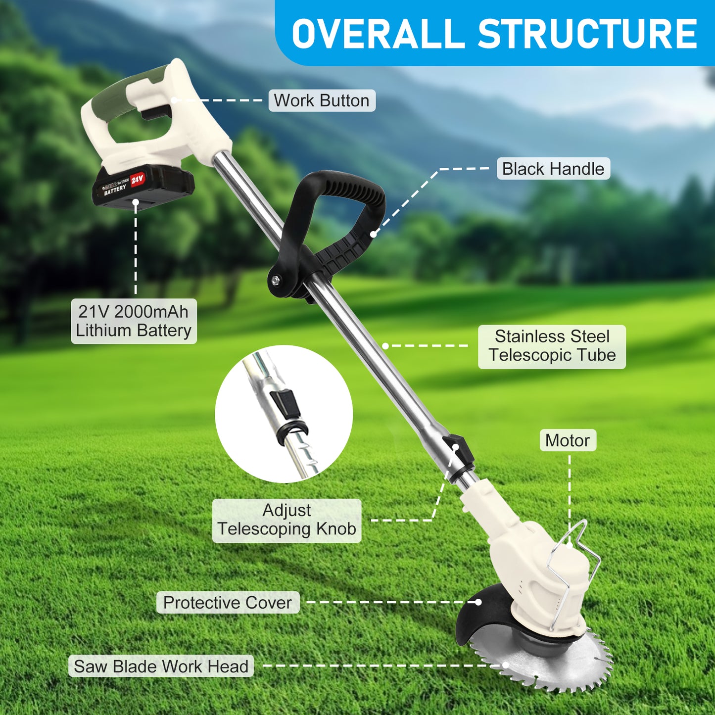 Weed?Trimmer?Cordless?with?Dual?Batteries-2000mAh?Weed?Wacker?for?Small?Yards?&?Patio?Cleanup?(White)