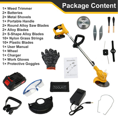 Grass Trimmer, 24V Electric Weed Eater Grass Cutter with 2x2.0A Batteries, 3 in 1 Battery Powered Weed Trimmer with Wheels 3 Types Blades for Yard Garden, Yellow