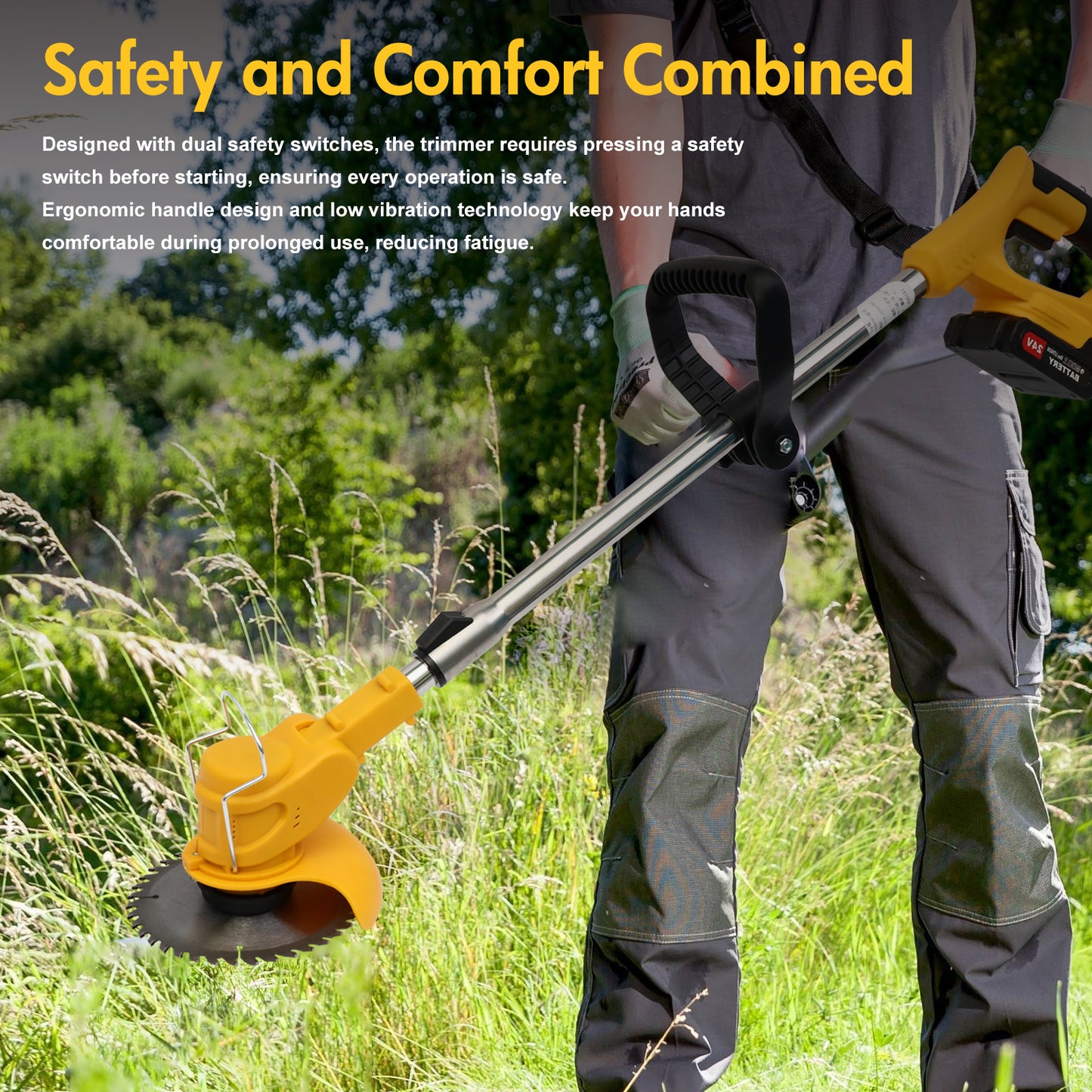 24V 2000mAh Electric Weed Wacker, 3-in-1 Cordless Weed Eater Brush Cutter Grass Trimmer Edger Stringless Weed Cutter Lawn Edger Mower, Yellow