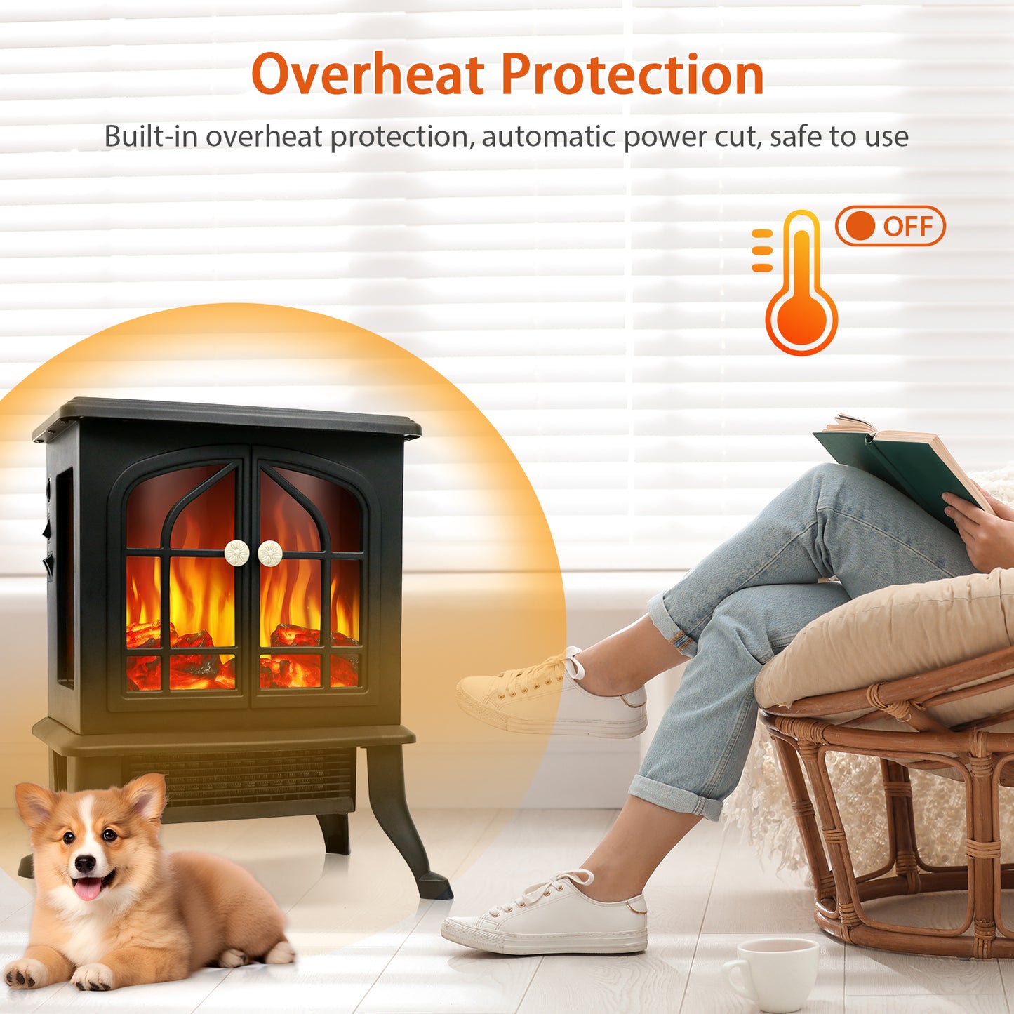 1500W Infrared Quartz Electric Fireplace, Electric Fireplace Heater with Realistic 3D Flame Effect, Electric Heater with Overheat Protection for Home Bedroom Office