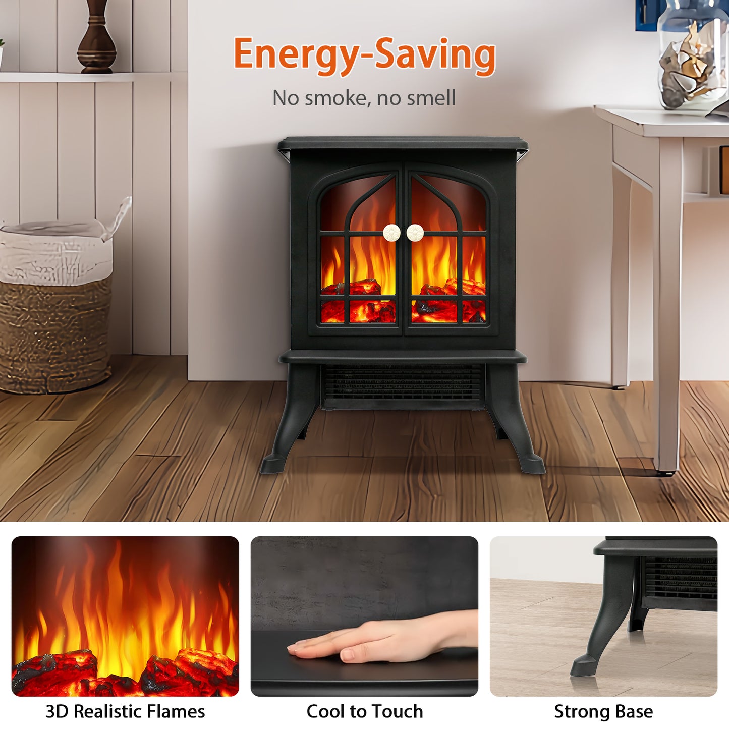 1500W Infrared Quartz Electric Fireplace, Electric Fireplace Heater with Realistic 3D Flame Effect, Electric Heater with Overheat Protection for Home Bedroom Office