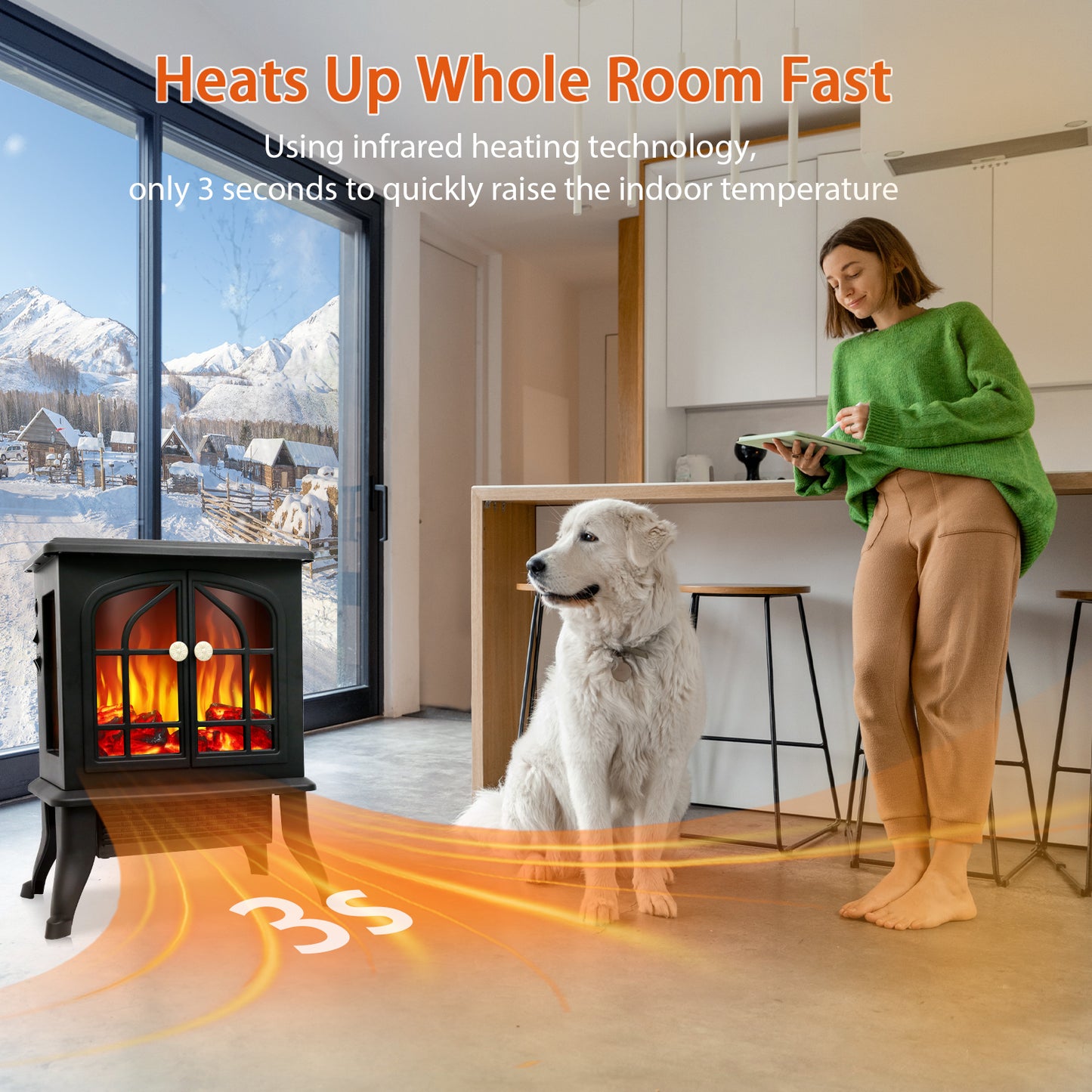 1500W Infrared Quartz Electric Fireplace, Electric Fireplace Heater with Realistic 3D Flame Effect, Electric Heater with Overheat Protection for Home Bedroom Office
