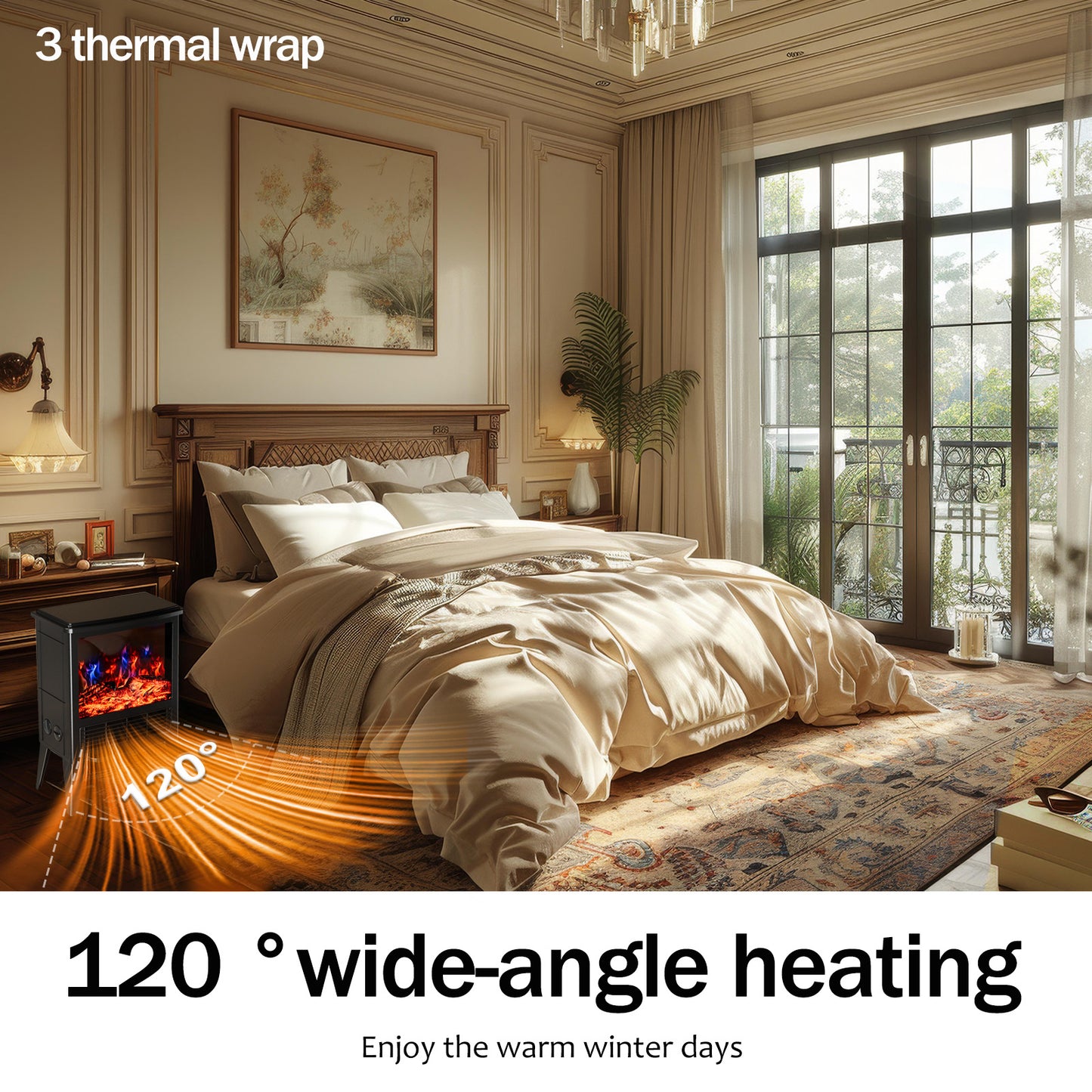 1500W Electric Fireplace Heater with 3D Realistic Flame, Infrared Portable Fireplace Indoor Use, Electric Heater with Overheat Safety Design and Adjustable Heating Modes for Home Bedroom Office