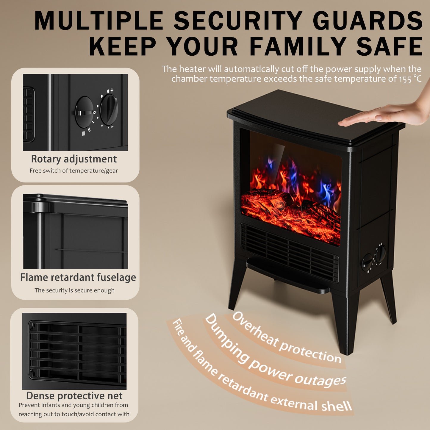 1500W Electric Fireplace Heater with 3D Realistic Flame, Infrared Portable Fireplace Indoor Use, Electric Heater with Overheat Safety Design and Adjustable Heating Modes for Home Bedroom Office
