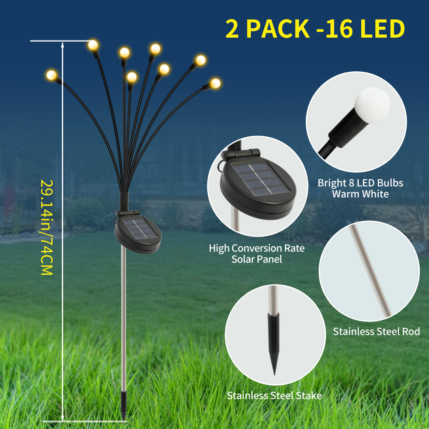 2 Pack Solar Firefly Swaying Lights, Outdoor Solar Garden Lights, LED Waterproof Firefly Lights for Yard Patio Pathway Decor, Warm White