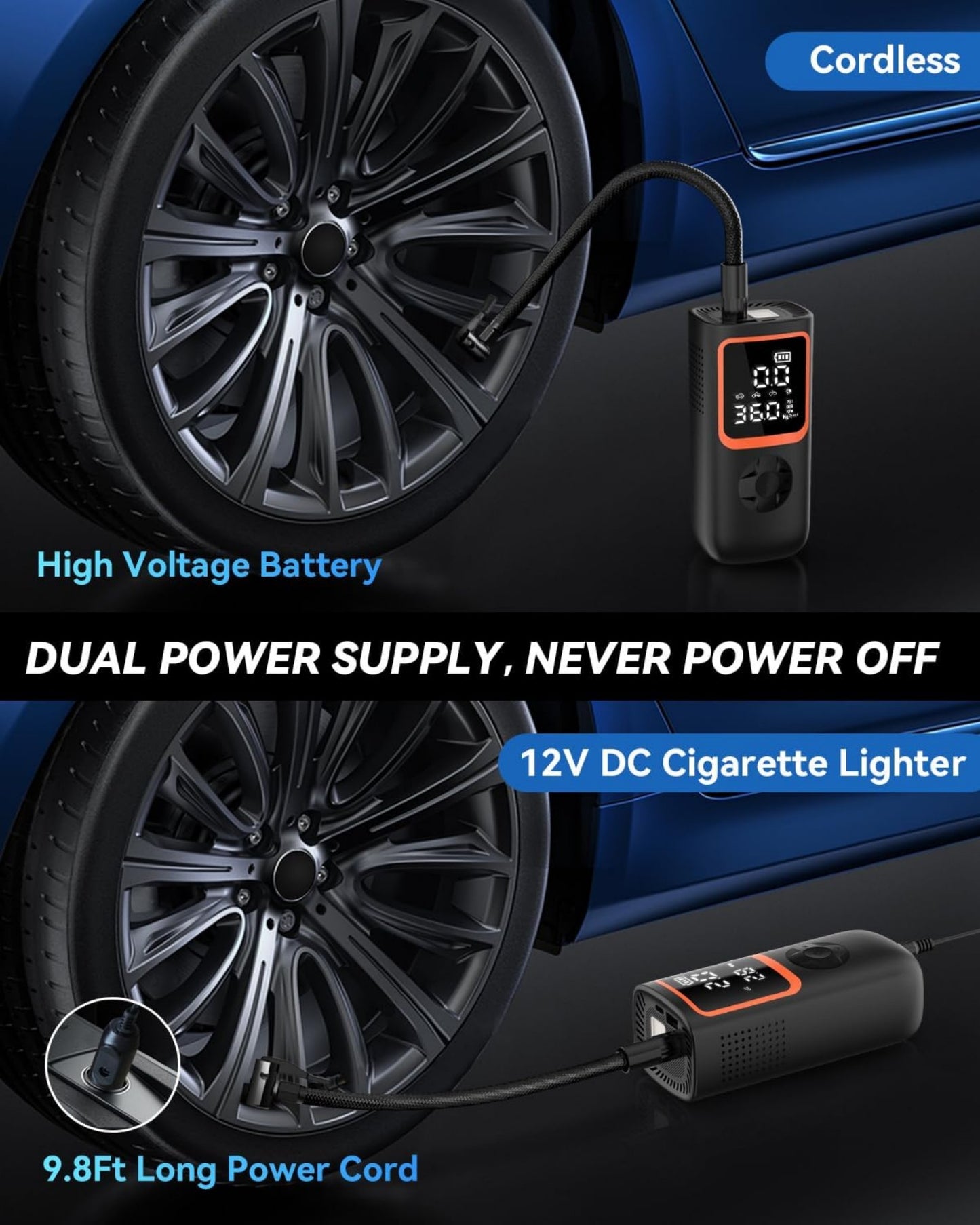 Tire Inflator Portable Air Compressor, 150PSI Portable Air Pump, Accurate Pressure LCD Display
