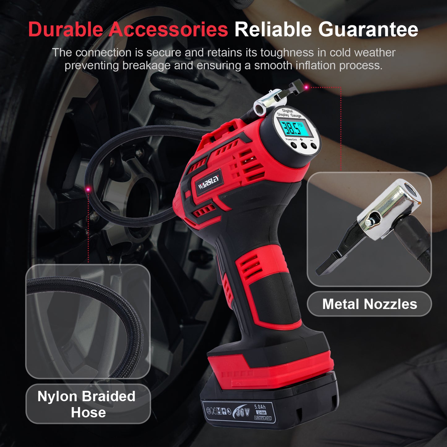 Cordless Tire Inflator Air Compressor, 20V Portable Car Air Pump with Rechargeable Battery and Charger for Cars Motorcycles, Red