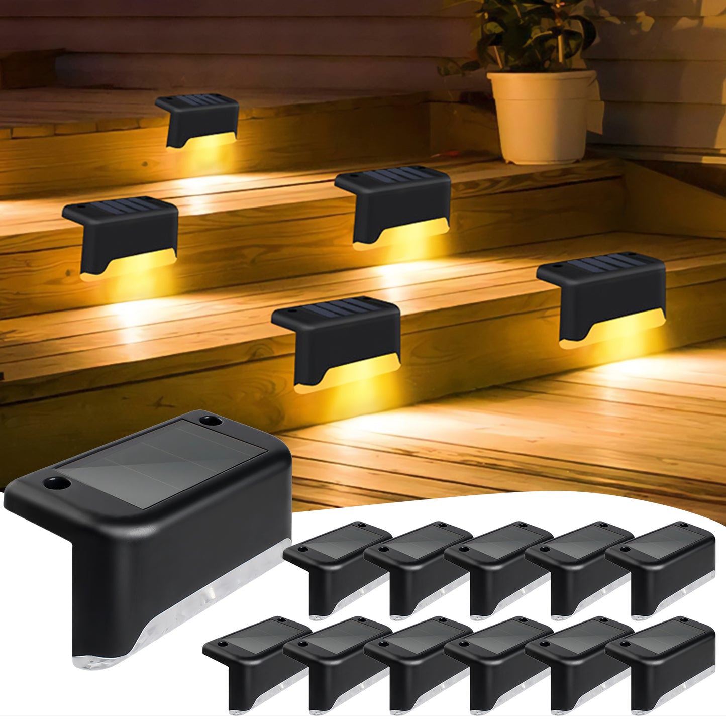 12 Pack Solar Deck Lights Outdoor, Solar Step Lights Waterproof LED Solar Lights for Outdoor Stairs Step Fence Yard Patio Pathway Christmas Decoration Lights(Black-Warm White)