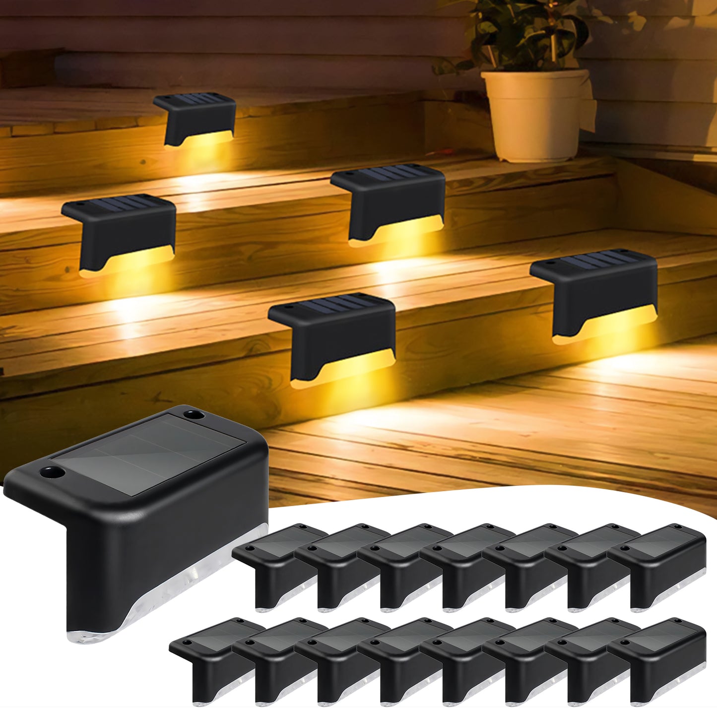 16 Pack Solar Deck Lights Outdoor, Solar Step Lights Waterproof LED Solar Lights for Outdoor Stairs Step Fence Yard Patio Pathway Christmas Decoration Lights(Black-Warm White)