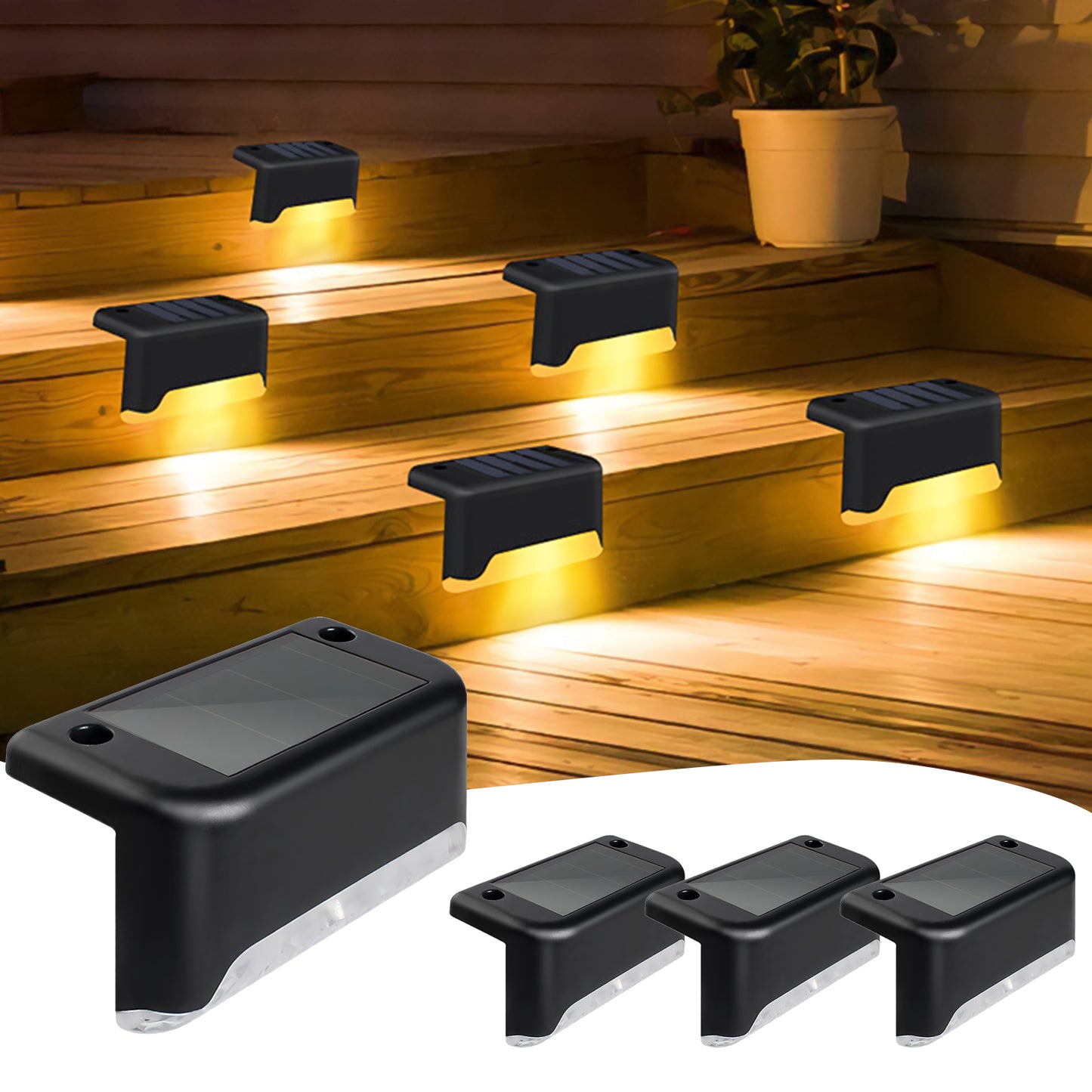 4 Pack Solar Deck Lights Outdoor, Solar Step Lights Waterproof LED Solar Lights for Outdoor Stairs Step Fence Yard Patio Pathway Christmas Decoration Lights(Black-Warm White)