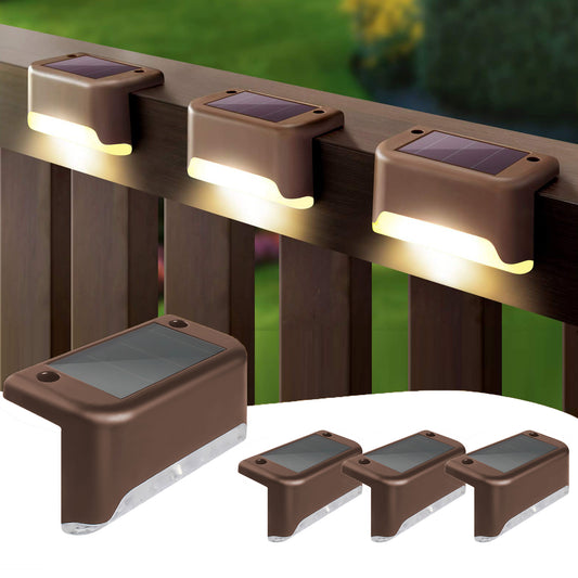 4PCS Outdoor Solar Deck Lights, Waterproof Solar Step Lights, LED Solar Lights for Outdoor Stairs Fence Yard Patio Railing Garden Pathway Christmas Decoration Lights(Brown-Warm White)