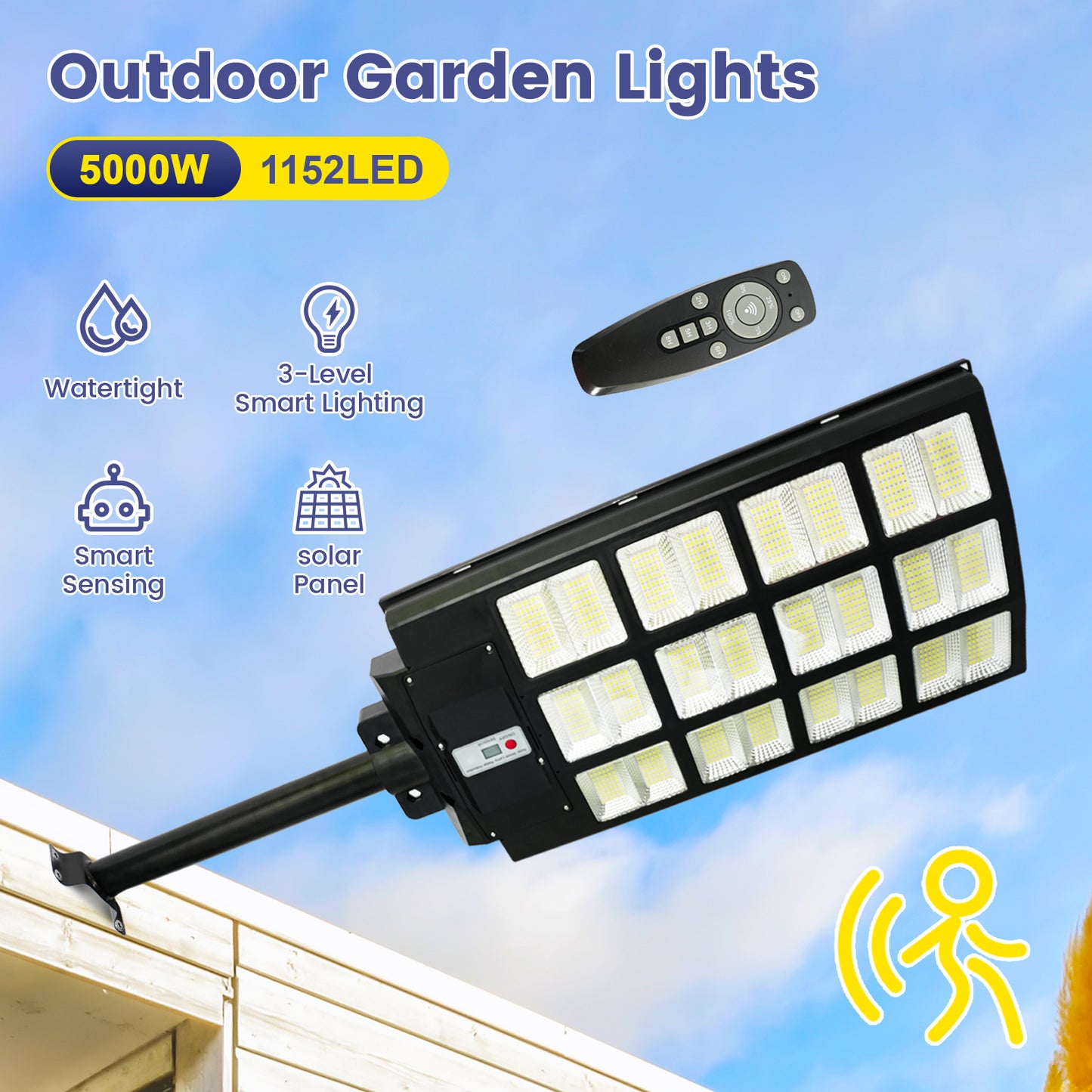 2PCS Solar Street Light Outdoor 5000W- LED Solar Courtyard Light, 500,000 LM Large Size Super Bright, Dusk to Dawn Parking Lot Light with Motion Sensor