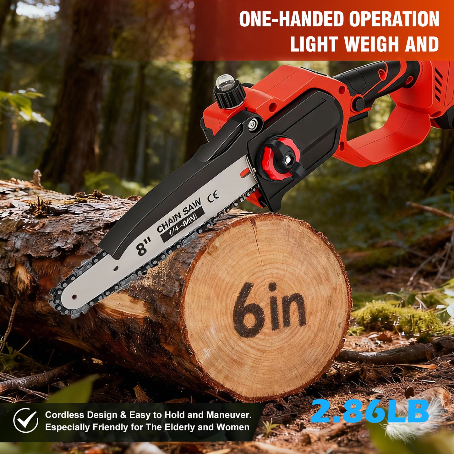 6 & 8 inch Mini Chainsaw, Electric Chainsaw with 2 pcs 1.5Ah Batteries and 2 Chains for Trees Branches Trimming Wood Cutting
